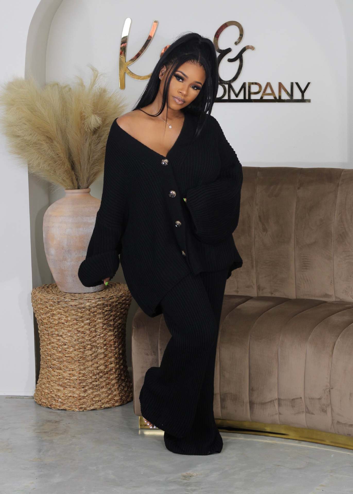 AMIKA™ - Casual V-Neck Cardigan and Wide Leg Pants Set